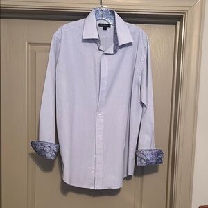 White and Blue Dress Shirt with Patterned Cuffs